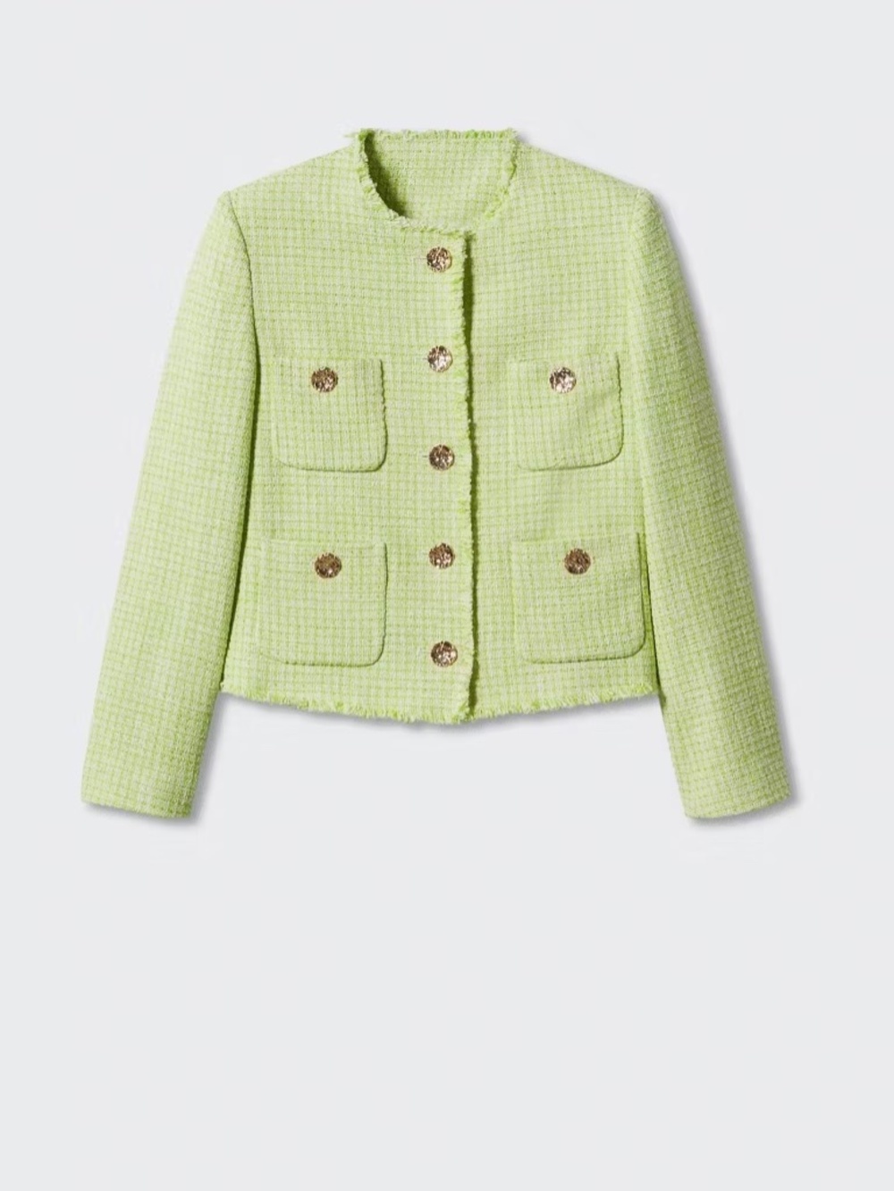 Mango Lime Green Tweed Jacket Gold Buttons